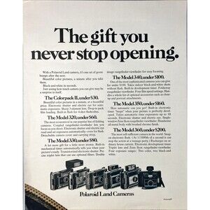 Polaroid Land Cameras "The Gift You'll Never Stop Opening" Vintage Print Ad 1970